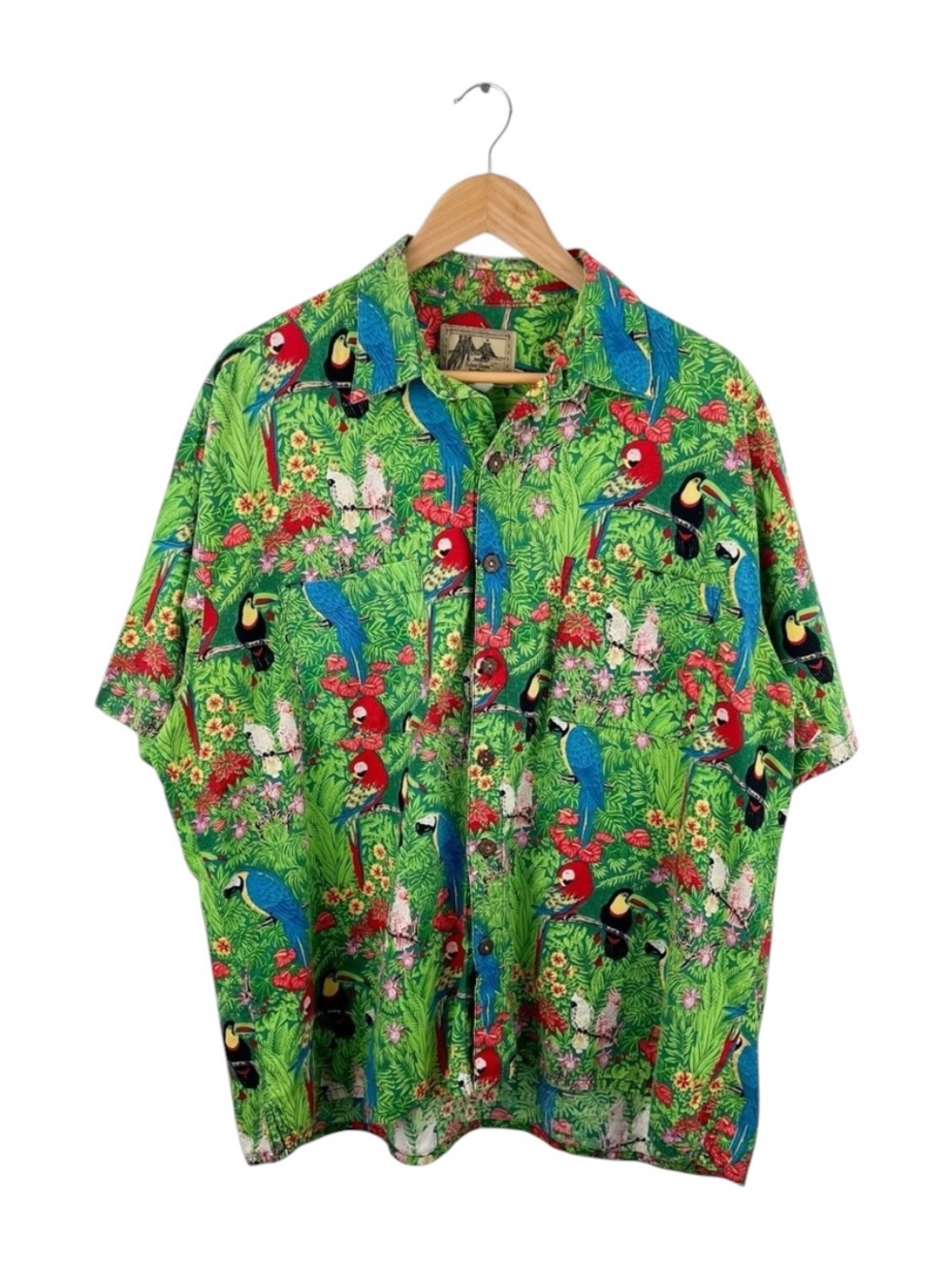 Vintage‎ Parrot Print Hawaiian Shirt Mens XL Tropical Bird Aloha Vacation Shirt